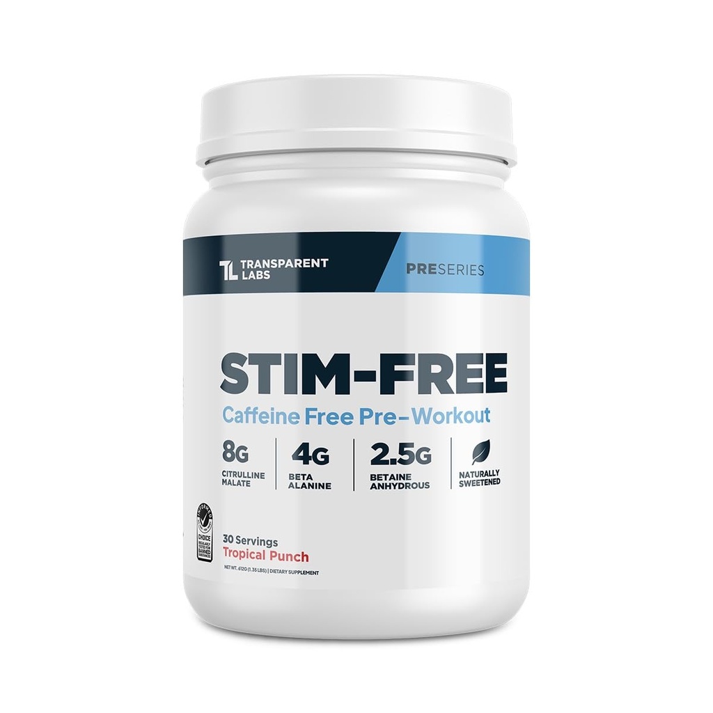 Transparent Labs Free Stim- Trening - Kofeina i Stim Free Pre Workout Powder dla mężczyzn i kobiet z Beta Alanine Powder, Citruline Malate, & elevatP - 30 Służenia, Tropical Punch