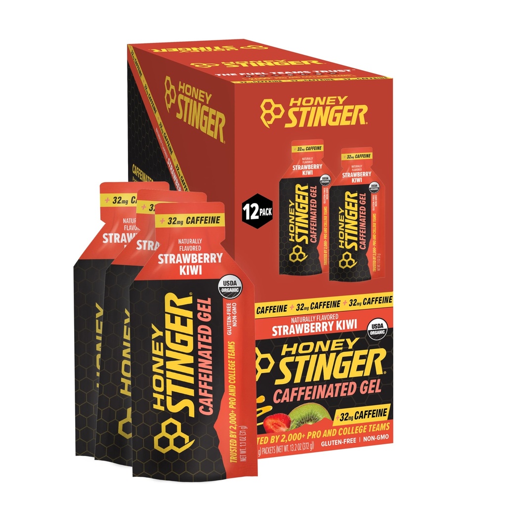 Honey Stinger Organic Truskawki Kiwi Energy żel, Kofeina & Gluten Free, do ćwiczeń, Bieganie i wydajność, Sports Nutrition for Home & Gym, Przed i w połowie treningu, 12 Pack, 13.2 Ounce