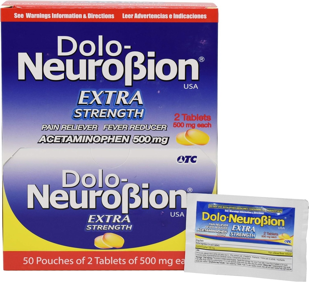 Neurobion Dolo Pain Reliever, Fever Reducer, Dodatkowa siła, Fuerte, Alivia el Dolor, Reduce la Fiebre Dispenser 50 x 2 tabletki