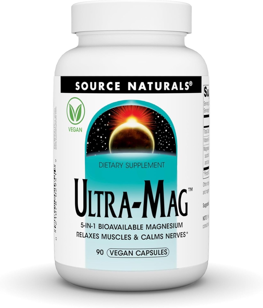 Źródło Naturals Ultra- Mag, Vegan Dietary Supplement, 5- in1 Bioavailable Magnez, Relaxes Muscles & Calms Nerves *, Vegan Capsules (90)