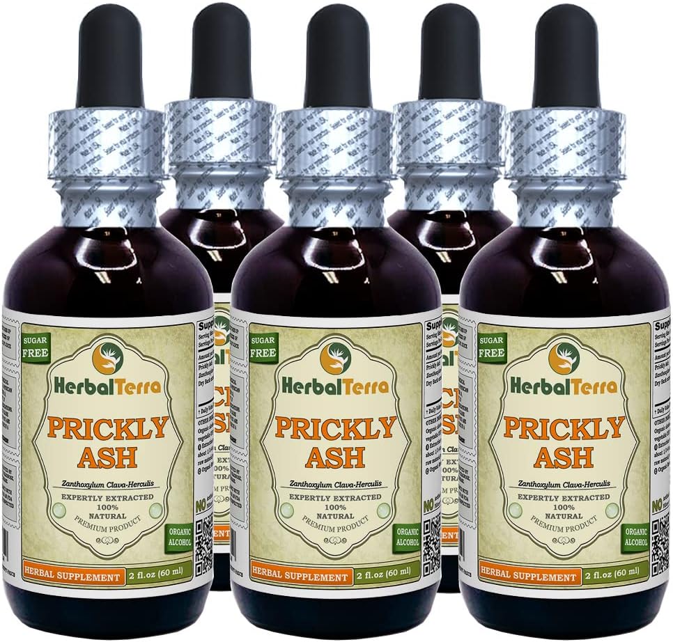 Popiół (Zanthoxylum Clava- herculis) Tincture, Dried Bark Liquid Extract (Nazwa firmowa: HerbalTerra, Proudly Made in USA) 5x2 fl.oz (5x60 ml)
