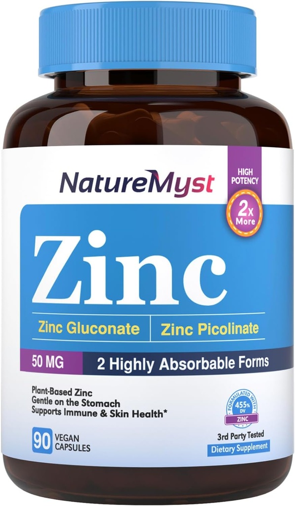 Cynk, Glukonian cynku silnie wchłanialny i Pikolinian cynku, 50 mg Cynku pierwiastkowego, Delikatność na żołądku, Immune, Cell & Skin Health, 90 Czapki wegańskie