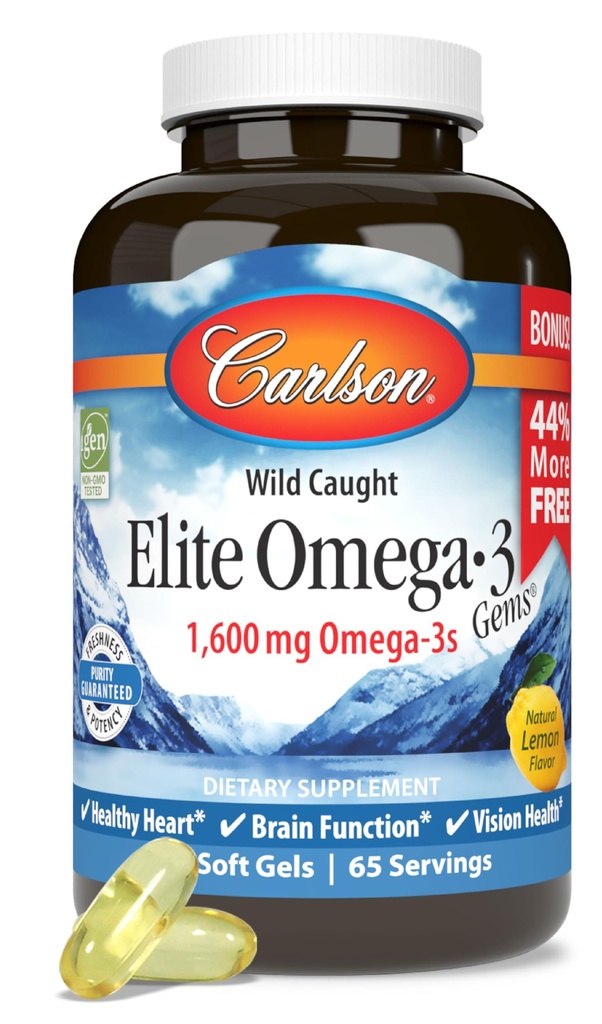 Carlson - Elite Omega-3 Gems, 1600 mg Omega-3 Kwasy tłuszczowe Włączając EPA i DHA, Norweski, Wild- Caught Fish Oil Supplement, zrównoważony sourced Omega 3 Fish Oil Capsules, Lemon, 130 Softgels