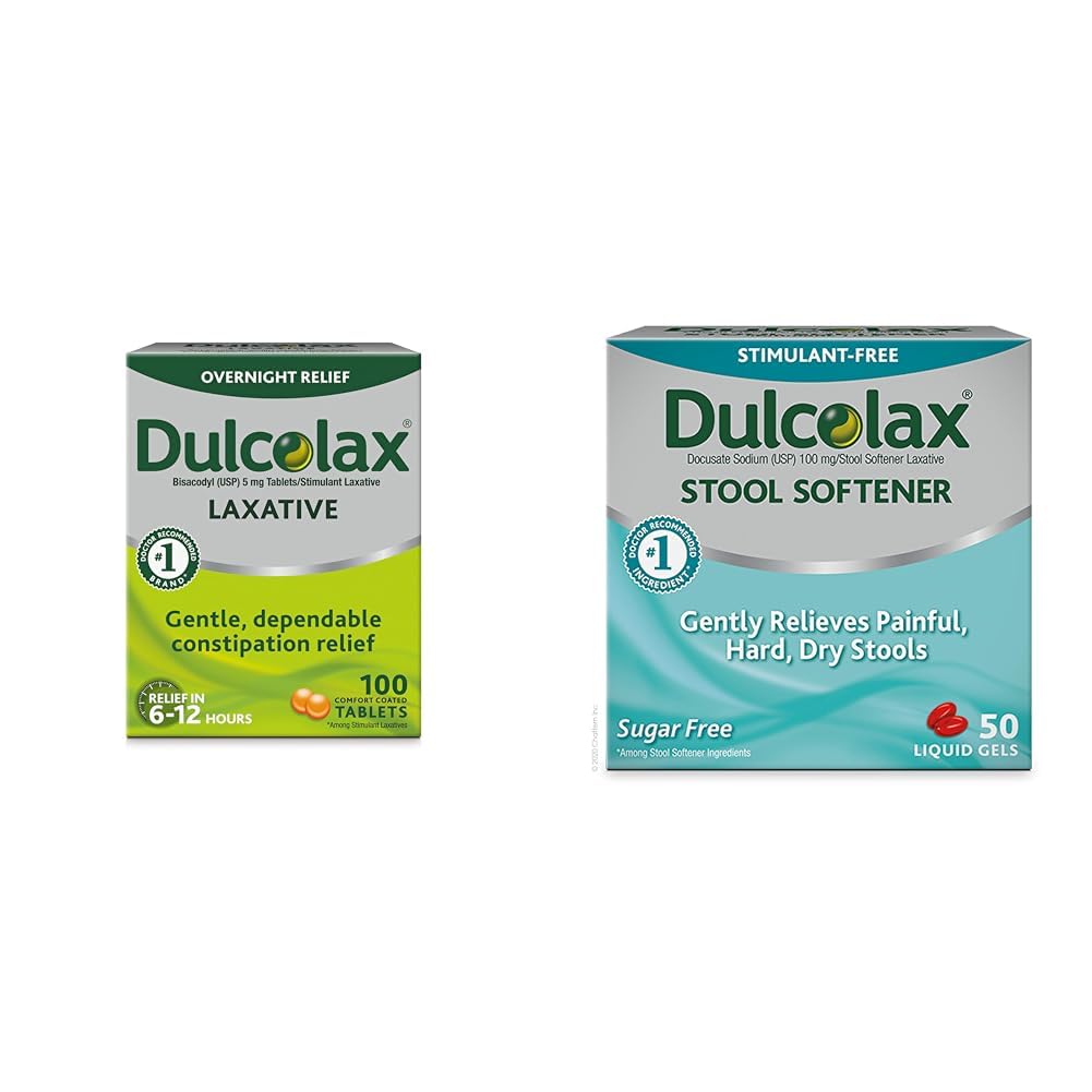 Dulcolax Stymulant Laxative Tablets (100 Count) Delikatnie Zaparcia w ciągu nocy Relief, Bisacodyl 5 mg & Stool Softener Laxative Liquid Gel Kapsułki (50ct) Delikatna Relief, Docusate Sodu 100mg