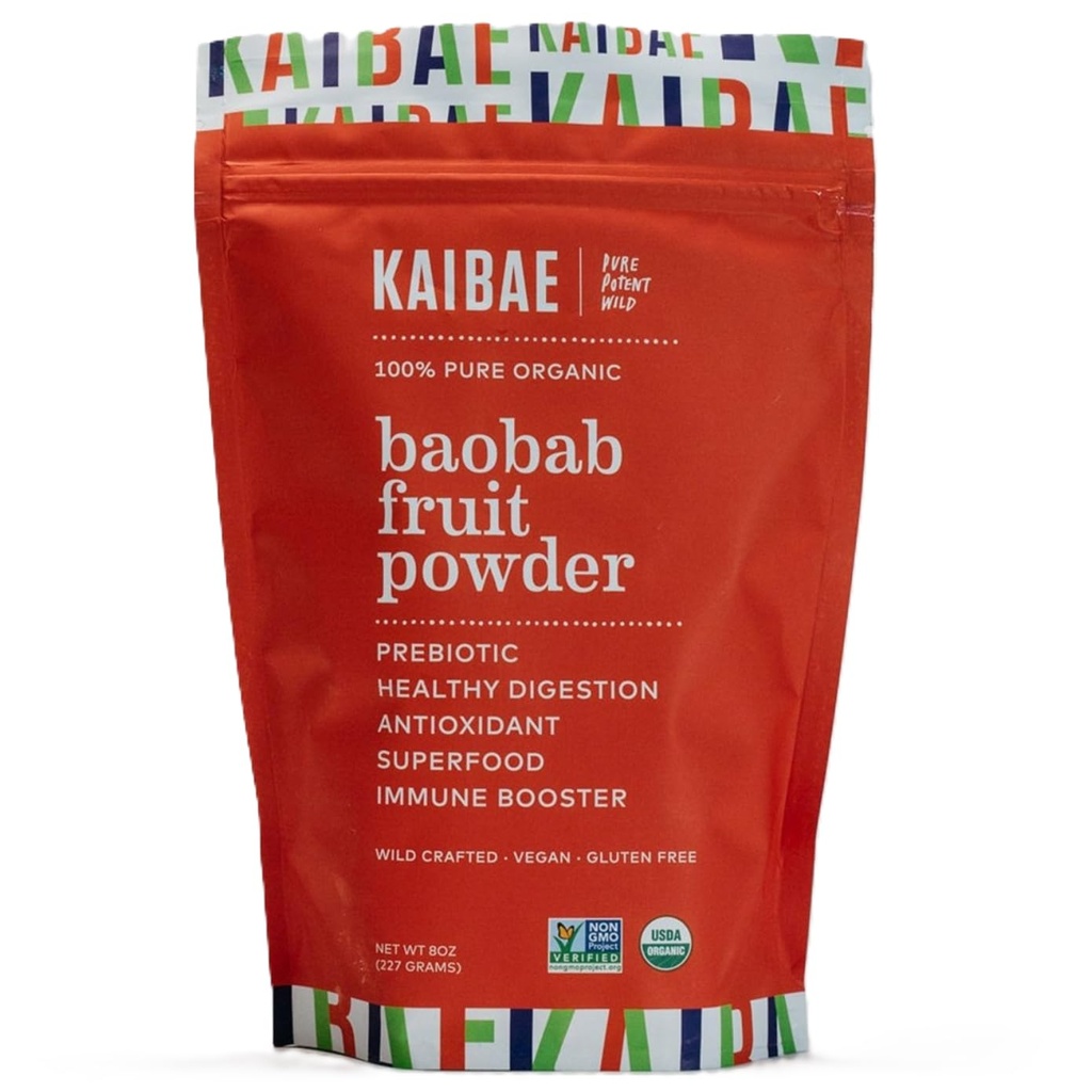 KAIBAE Premium Organic Baobab Powder I Prebiotic Gut Health, Intermittent Post, Immunitet, Nawodnienie 124; Witamina C, Polifenole, Minerały 124; Suplement Fiber Budapest 124; 8 oz.