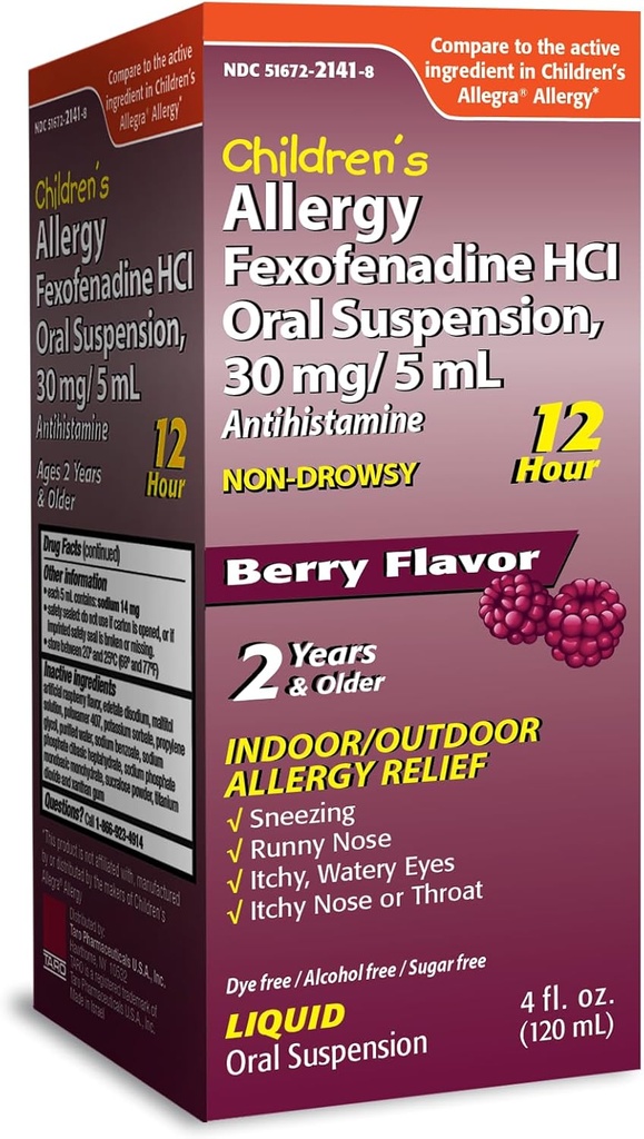 TARO Relief alergiczny dla dzieci 12HR Niesenny lek przeciwhistaminowy Płyn, Berry Flavor, Alkohol wolny, Dye- Free & Sugar Free, Feksofenadyna HCl (4 oz)