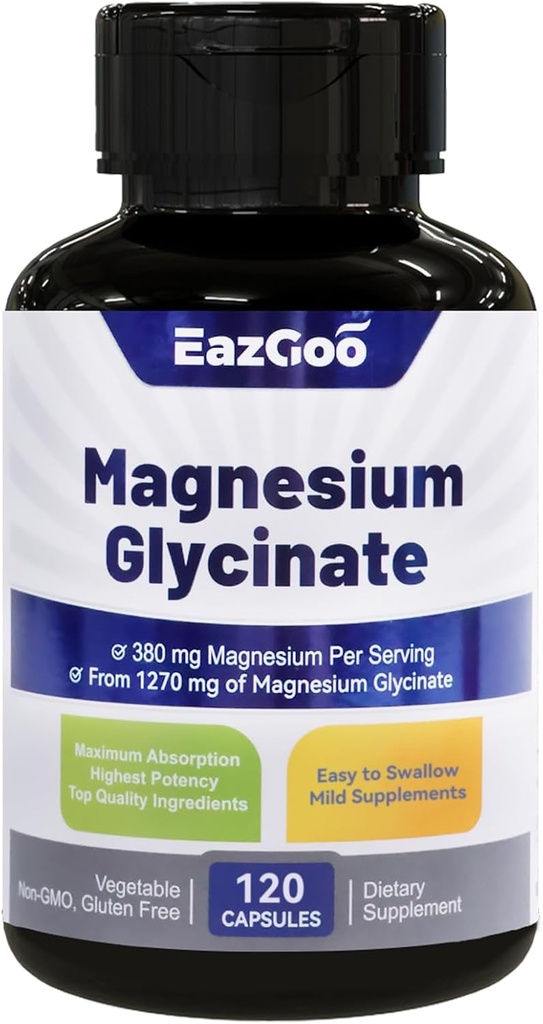 Magnezu Glicynian Kapsułki 1270mg, 380mg Suplement magnezu, Wysoka Absorpcja Magnezu Glicynian Suplement, Non-GMO No gluten, 120 Kapsułki