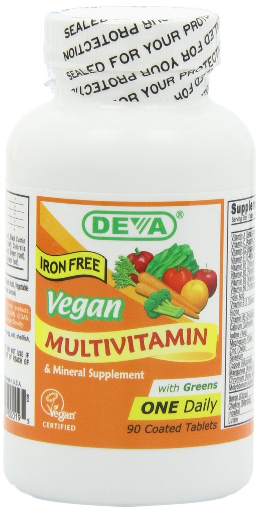 DEVA Vegan-Free Multivitamin & Suplement mineralny, Green Food Mieszanka, Spirulina, Chlorella, Ashwagandha, Broccoli, 90 Tabletki powlekane