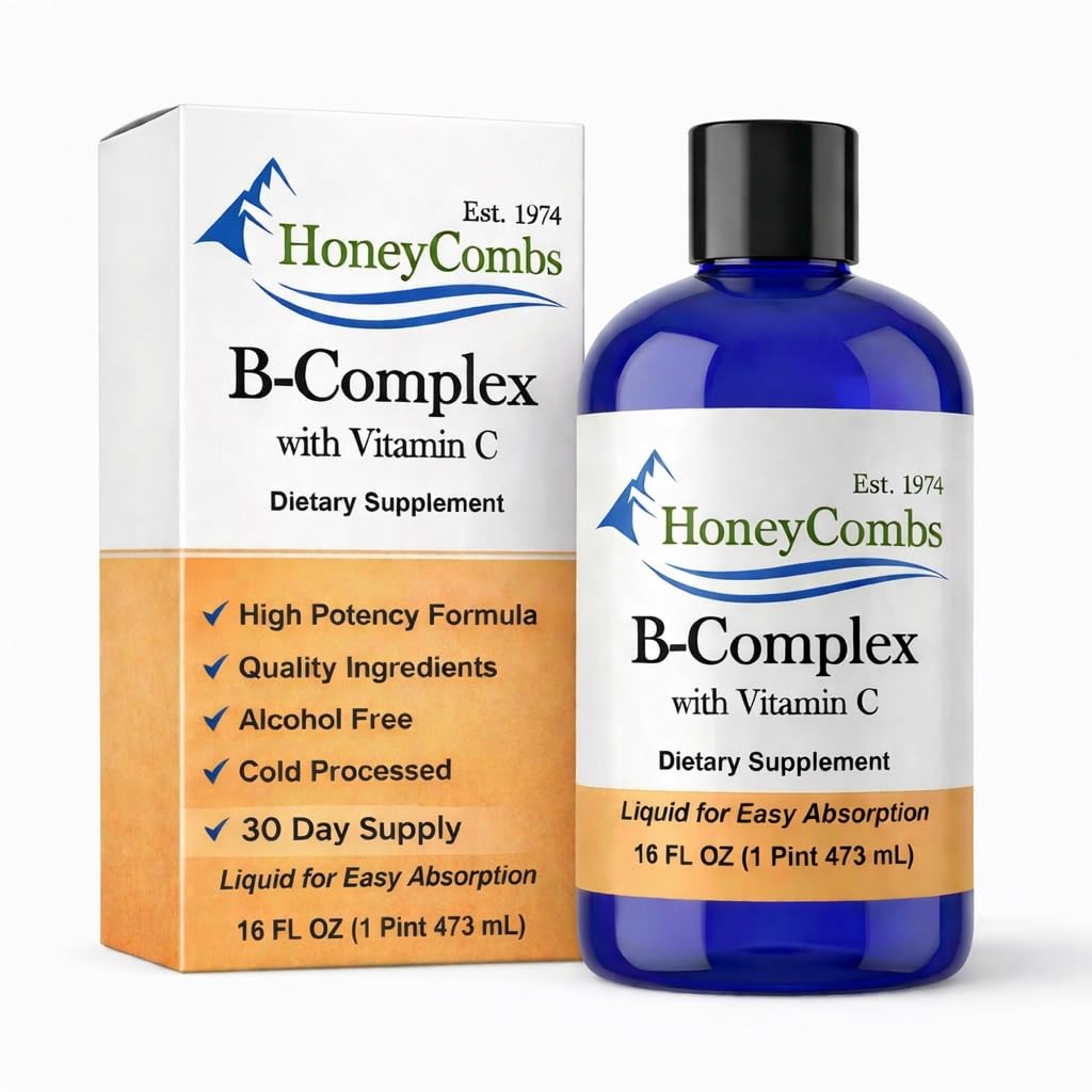 HoneyCombs witaminy B Complex Drops - Liquid Supplement with witaminy B1, B2, B3, B5, B6, B7, B9, B12 & Witamina C - Super B Complex Vitamin - Alcohol Free Liquid Supplement, 16 Fl Oz.