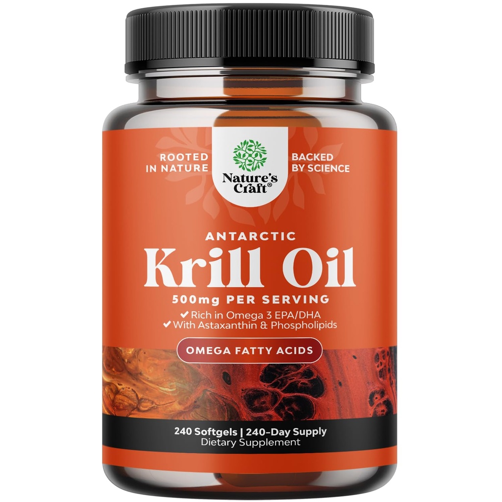 Olejek kryla antarktycznego 500 mg Softgels - Omega 3 Kryll Oil Supplement with EPA DHA & Astaxanthin for Brain Joint & Heart - 3. Party Lab Tested No gluten GMO or Fishy Aftersmast (Do 8 Miesiąca Dostawy)