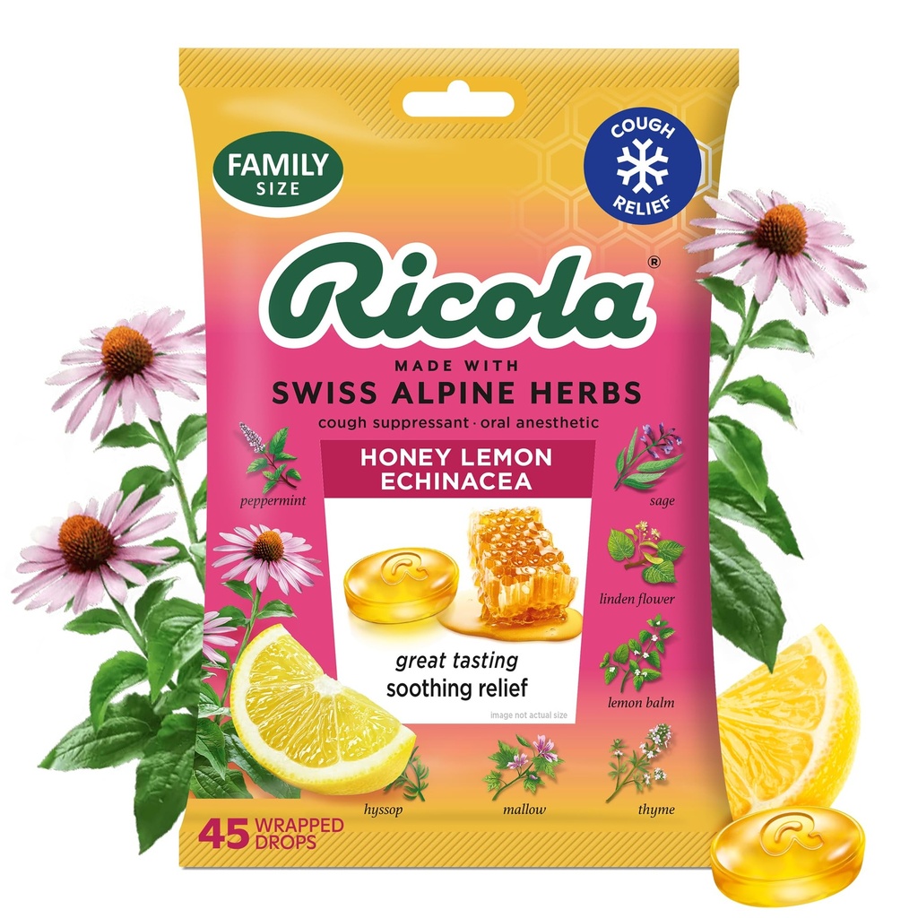 Ricola miód cytryna z Echinacea Kaszel Drops, 45 Hrabia, Pyszne Gardło ulgi i pielęgnacji, Anonimowe, naturalnie aromatyczne