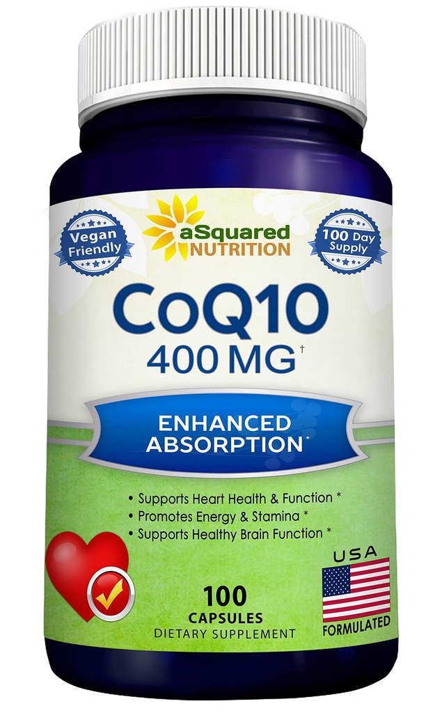ASquared Nutrition CoQ10 (400mg Max Siła, 100 Kapsułek wegetariańskich) - Koenzym o wysokiej absorpcji Q10 Proszek - Ubichinon Supplement Pills, Extra Antioksydant CO Q- 10 Tabletki zawierające witaminy enzymatyczne, Coq 10 400 mg