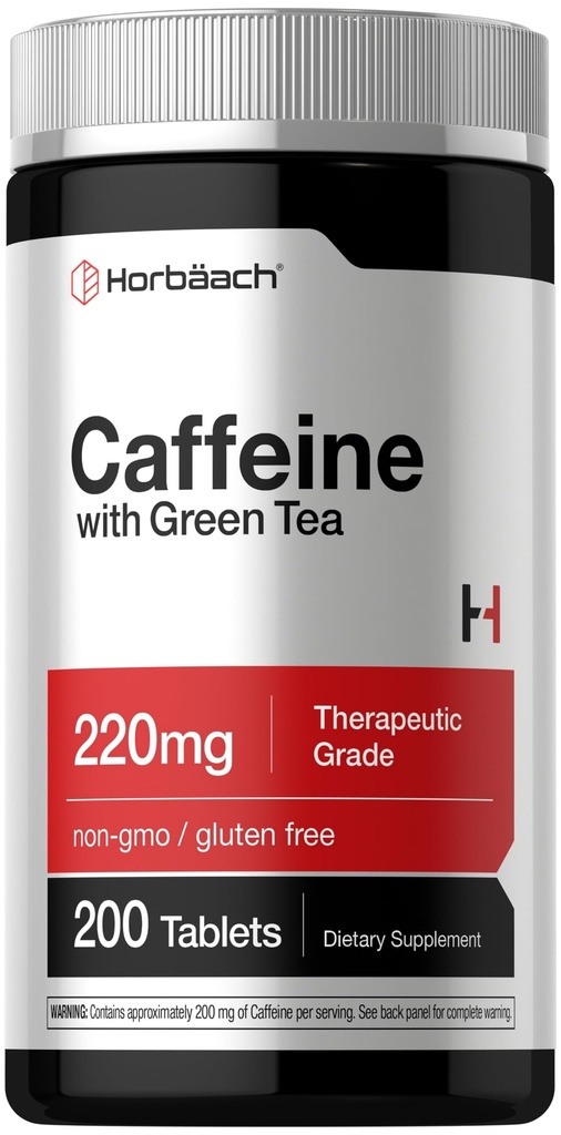 Horbäach Kofeina Tabletki 200mg 124; z zielonej herbaty 124; 200 Tabletki 124; Wegetarianin, Non-GMO & Gluten Free