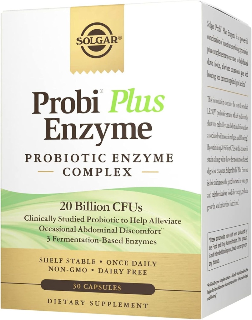 Solgar Probi Plus Enzyme Complex, 30 Kapsułki - 20 Miliard CFU Probiotic Plus Enzymy - Raz dziennie - Klinically-Studied to Allevate Ocasional Gas & Bloating - Non-GMO & Dairy Free, 30 Servings