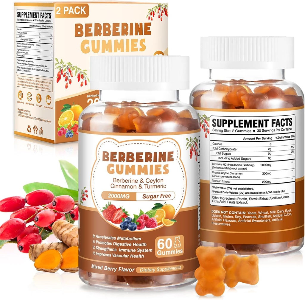 120 Count Berberine Extract Gummies 2000mg Natural Organic Berberine Extract HCI Supplement with Ceylon Cynamon Turmeric for Women Support Digestive Immune System Metabolity Mieszany aromat Berry
