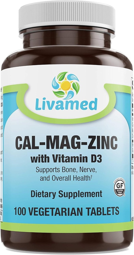 Cal- Mag- Zinc Chelated z witaminą D3, uzupełnienie siły kości - zdrowe kości i zębów, serce, mięśnie, i zdrowy układ sercowo-naczyniowy - najlepsza cała żywność Witamina & Mineral Complex- 100 Vegan Czapki