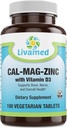Cal- Mag- Zinc Chelated z witaminą D3, uzupełnienie siły kości - zdrowe kości i zębów, serce, mięśnie, i zdrowy układ sercowo-naczyniowy - najlepsza cała żywność Witamina & Mineral Complex- 100 Vegan Czapki