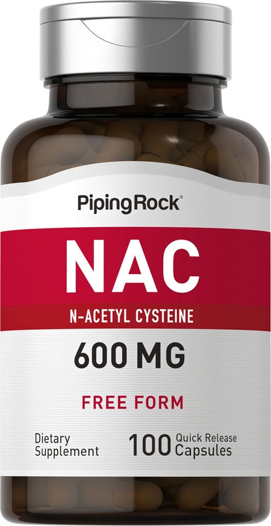 Piping Rock NAC Supplement N- Acetyl Cysteine 124; 600 mg 124; 100 Kapsułek 124; Free Form Pills Xell124; Non- GMO, Gluten Free Supplement