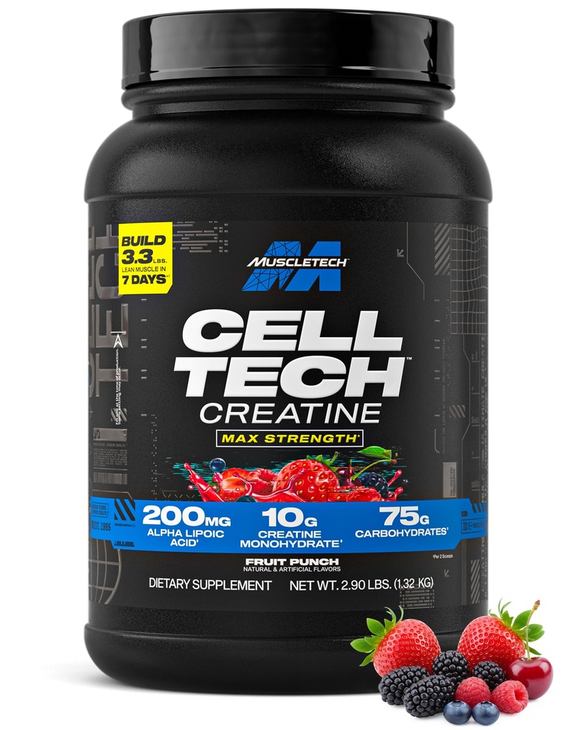 MuscleTech Creature Monhydrate Powder Cell- Tech Creaine Post Workout Recovery Drink Muscle Builder for Men & Women Muscle Building Supplements Fruit Punch, 3 funtów (27 Serv)
