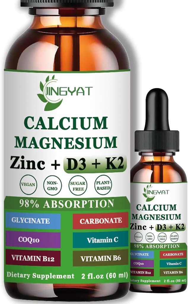 Wapń Magnezu Ciecz Cynk Krople, Ciekły Magnezu Glicynian 500mg Wapń 1000mg Witamina D3, K2, B6, B12, Coq10 dla wytrzymałości kości, Mięśnie Funkcja, 6X Silniejszy niż Gummies Kapsułki