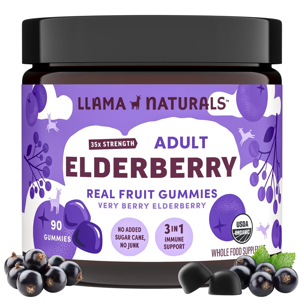 Lama Naturals Gummies Elderberry dla dorosłych, Wegan, Organiczny suplement wsparcia immunologicznego z witaminą C i cynku, Prawdziwe owoce Gummy Witaminy dla odporności, Chewable, Nie Dodano trzciny cukrowej, 90 Ct