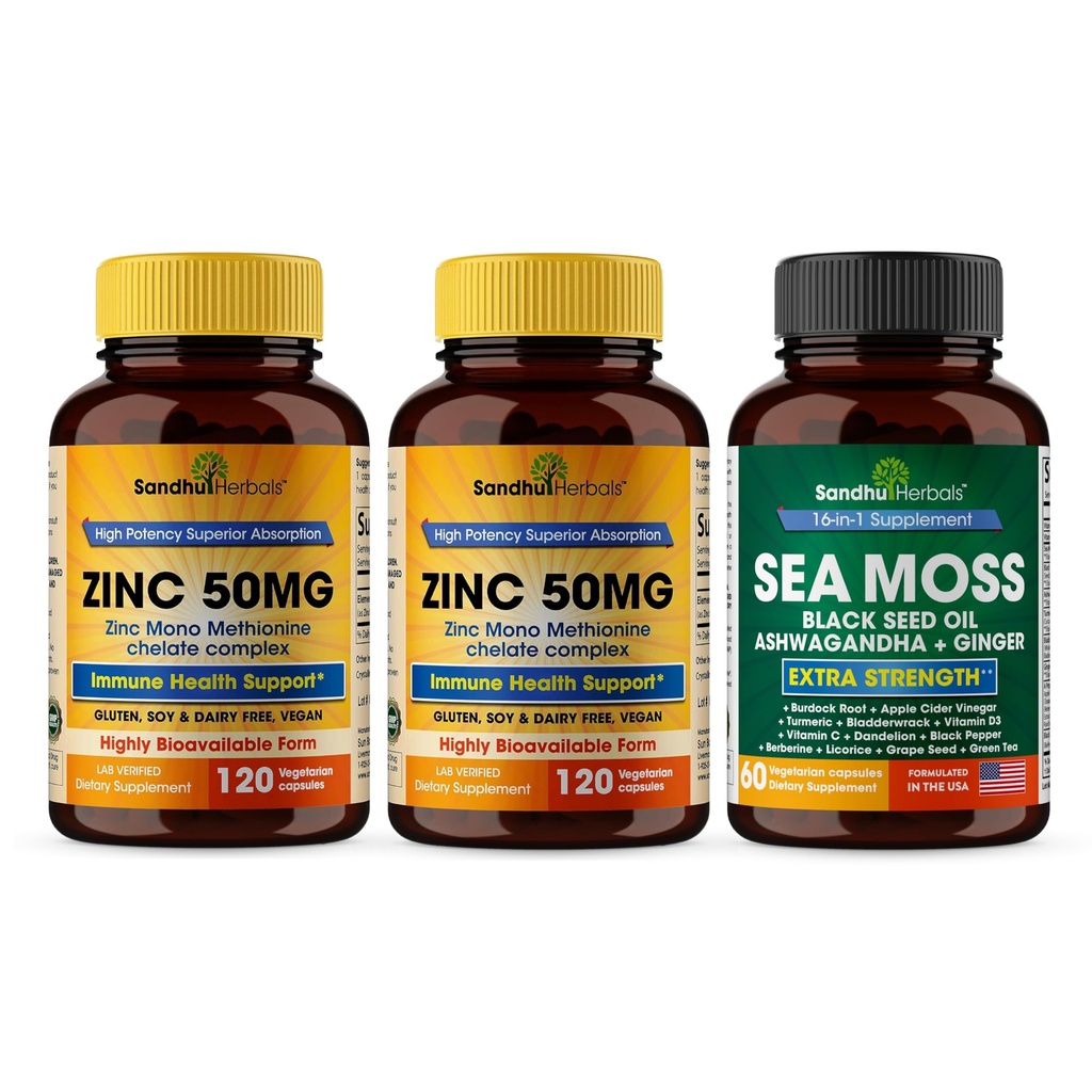 Sandhu Herbals Cynk 50mg & Sea Moss Black Seed Oil Ashwagandha Ginger Burdock Suplement korzeniowy dla mężczyzn i kobiet 124; Made in USA