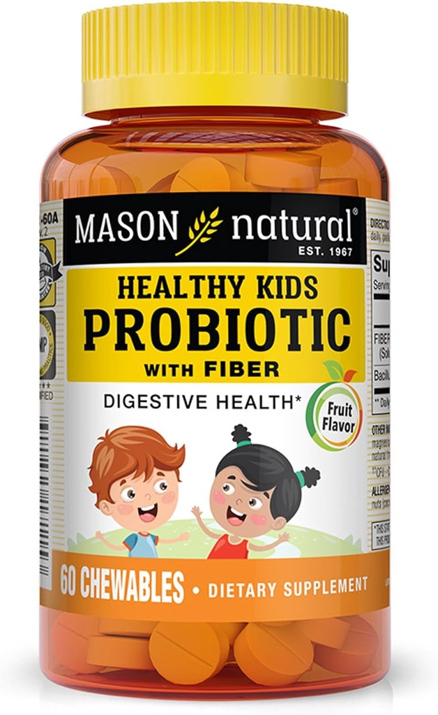 MASON NATURAL Zdrowe dzieci Probiotyk z włóknem - Zdrowe funkcje pokarmowe, Ulepszony Gut zdrowia, 60 Chewables