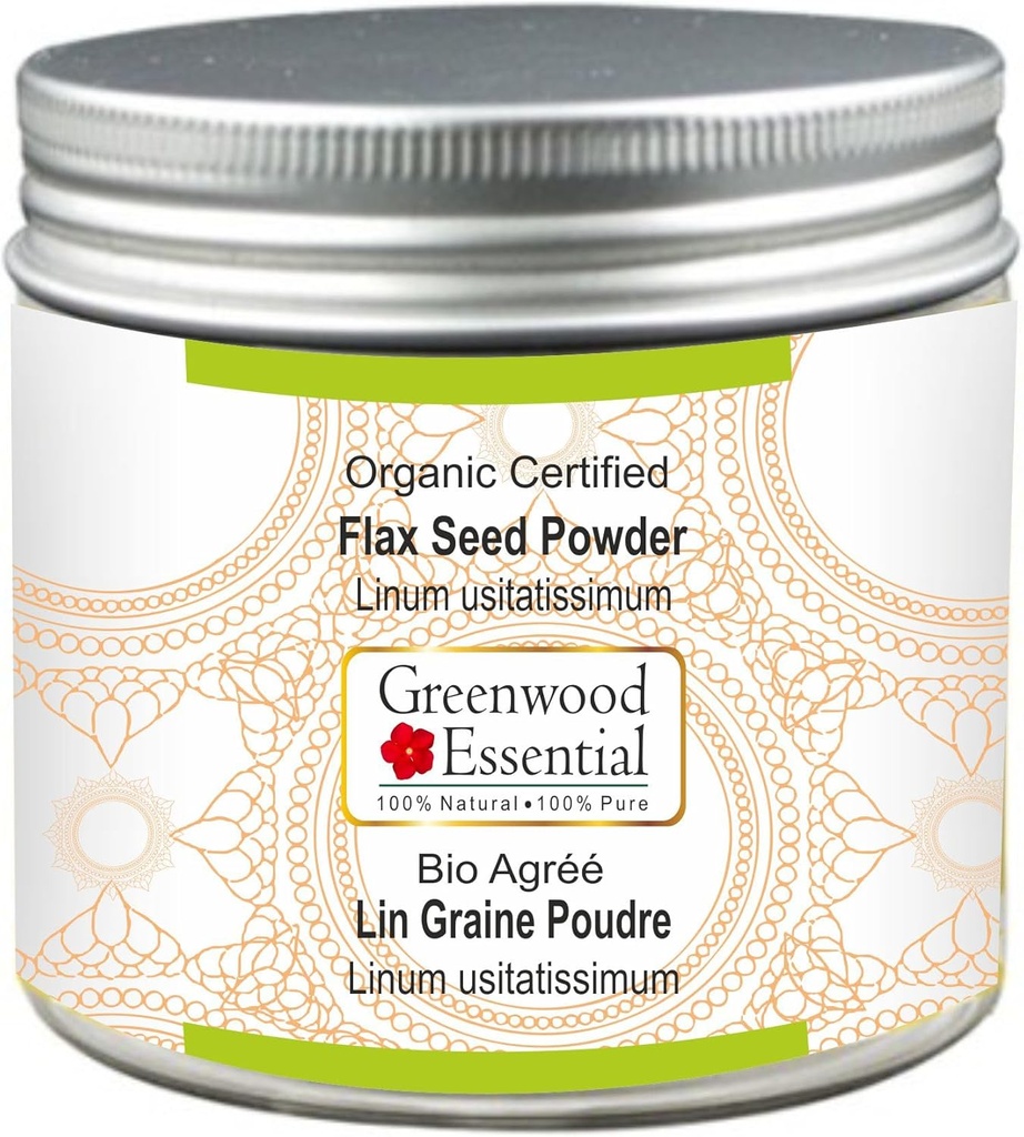 Greenwood Esential Pure Flax Seed Powder (Linum usitatissimum) Organic Certified 100gm (3.5 oz)