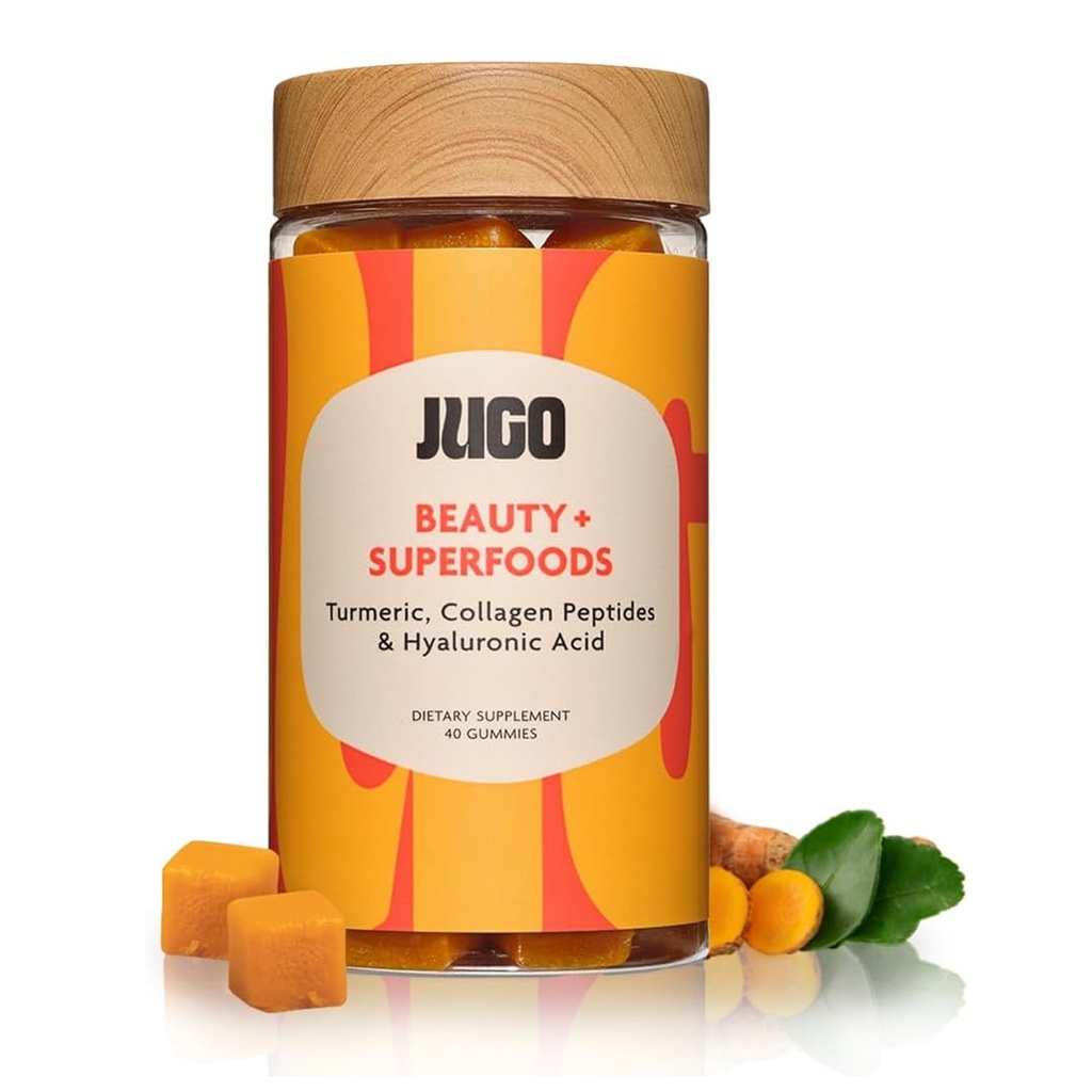 JUGO Beauty + SUPERFOODS 124; Suszarka do paznokci skóry z kwasem hialuronowym i turmerowym 124; 40 Gumy oparte na liczeniu planet 124; Żelatyna wolna, Nie-GMO, Made in USA