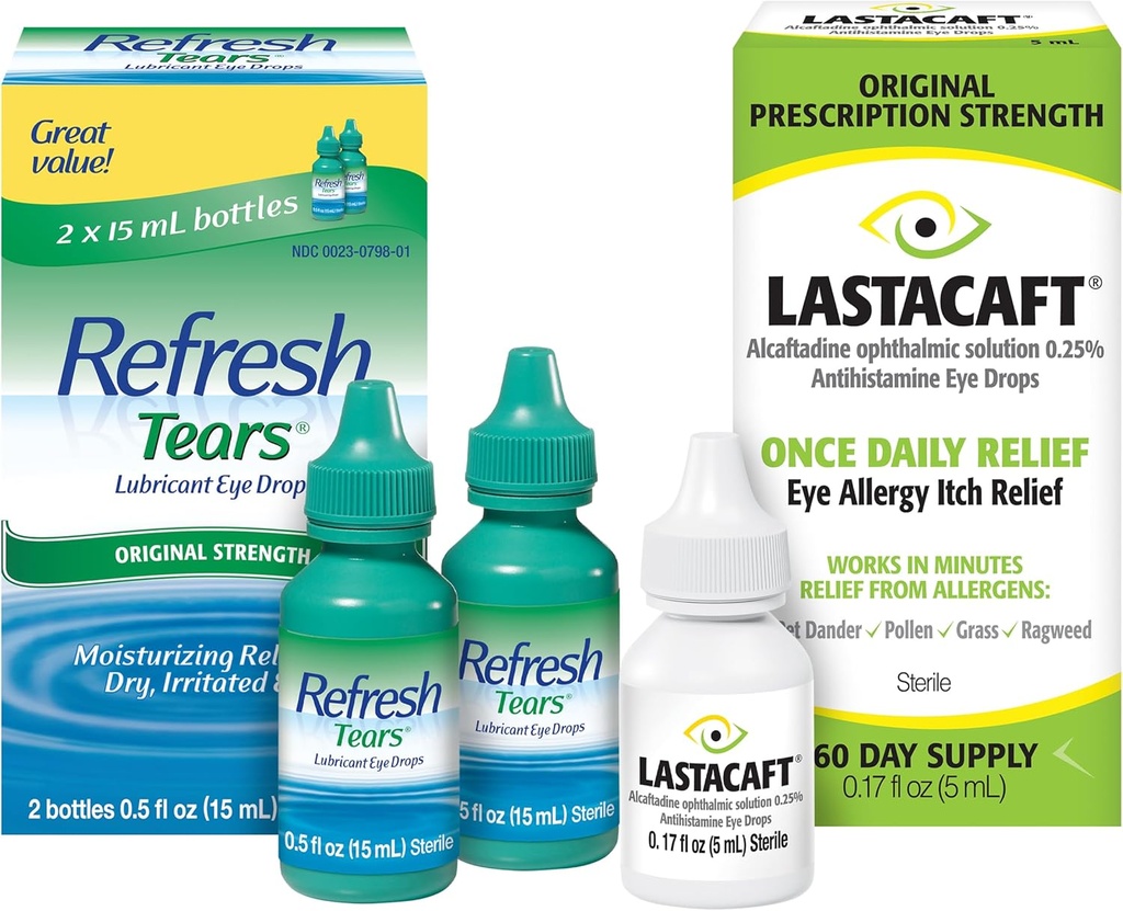 Zestaw odświeżających łez Losowe krople do oczu, 2 liczenie (opakowanie po 1) + Lastacaft raz dziennie alergia na swędzenie, 60 Day Supply, 0,17 Fl Oz (opakowanie po 1)