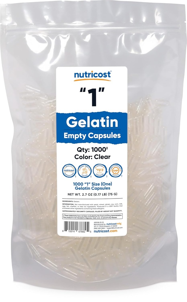 Nutricost Puste kapsułki Żelatyna Rozmiar 1- 1000 Czysty Pusty '1' Kapsułki żelowe - Kosher, Non-GMO, Soy Free, Gluten Free