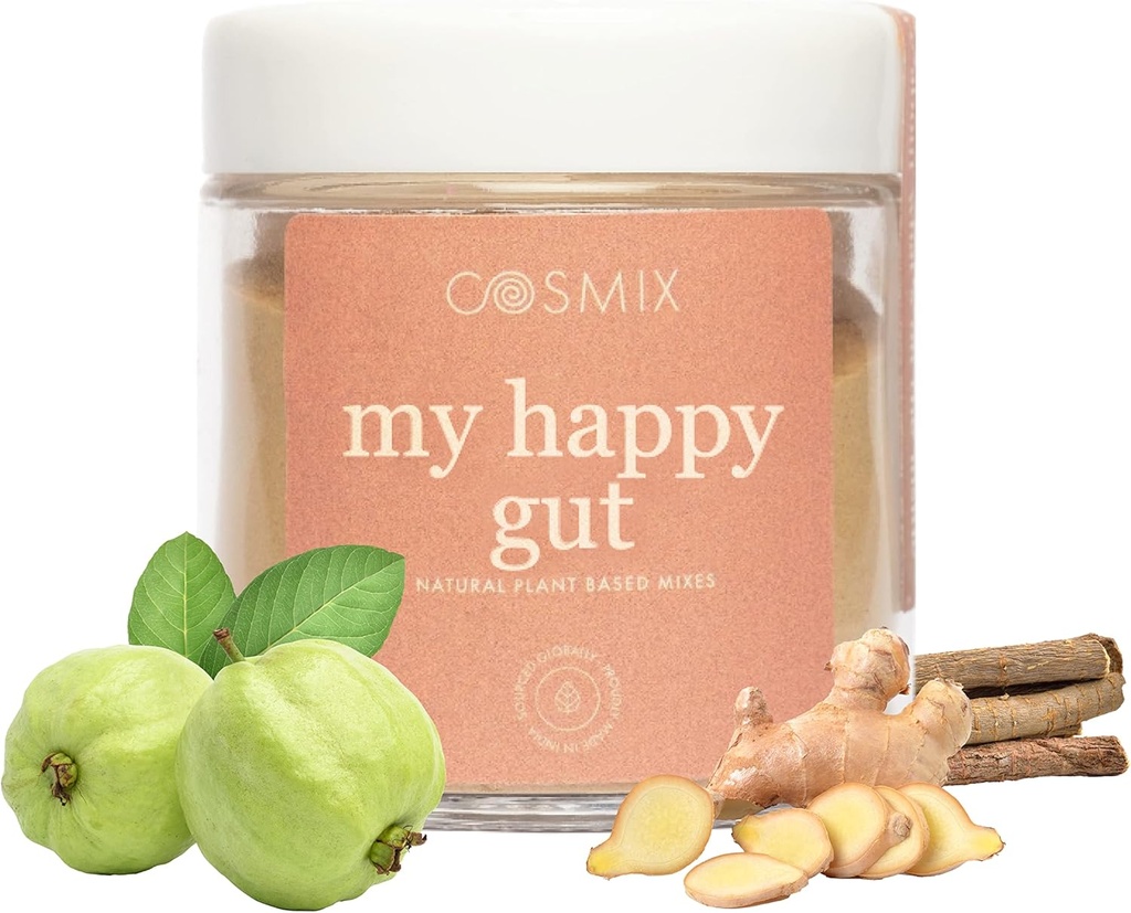 Cosmix My Happy Gut, dla poprawy trawienia, wzdęcia i ogólnego stanu zdrowia Gut, naturalne, Plant- oparte Superfood mieszanki, sprawia, że do 40 Sług, Dodano cukier, Wegan 50 G (Pack of 1) Brown