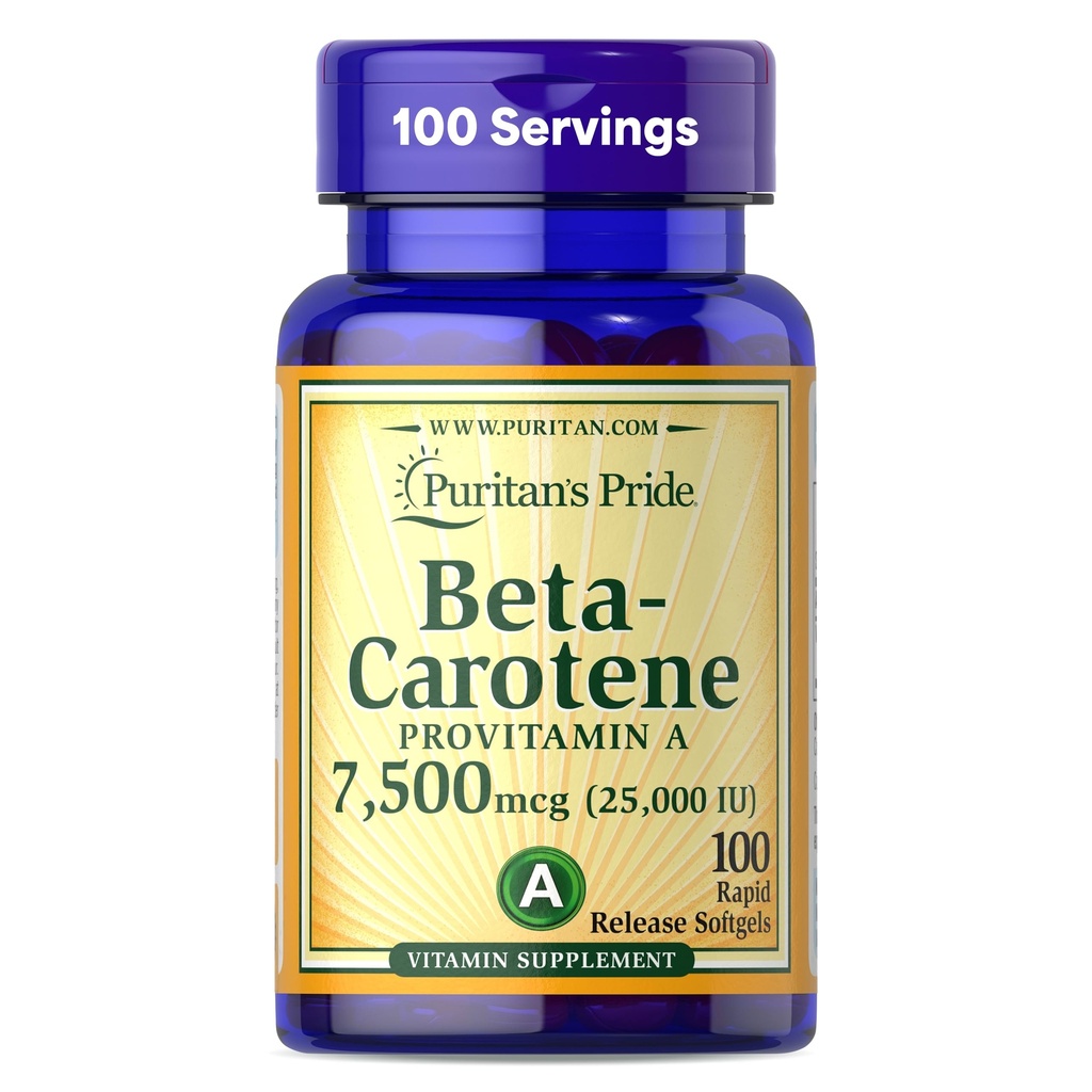 Puritan 's Pride Beta Carotene Prowitamina A 7,500mcg (25,000 j.m.), Suplement witaminy dla układu immunologicznego, Przeciwutleniacz i wsparcie dla zdrowia oczu, 100 Day Supply, 100 Szybkie uwalnianie softgels