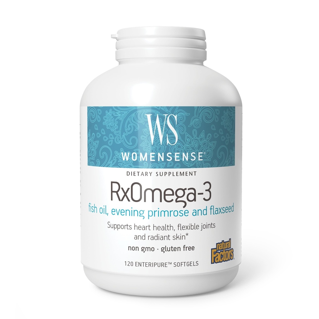 WomenSense by Natural Factors, RxOmega-3 Fish Oil, Wspiera zdrowe serce i łączy z Primrose Oil, Omega-3 DHA i EPA, Gluten Free, 120 softgels (60 porcji)