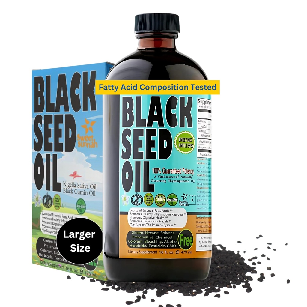 Premium Black Seed Oil Liquid 16 oz - Sugar Free 3 Month Supply Antioksydant Turecki Black Cumin Seed Oil - 3X Thymoquinone First Cold Press Vegan, Halal, Sweet Sunnah