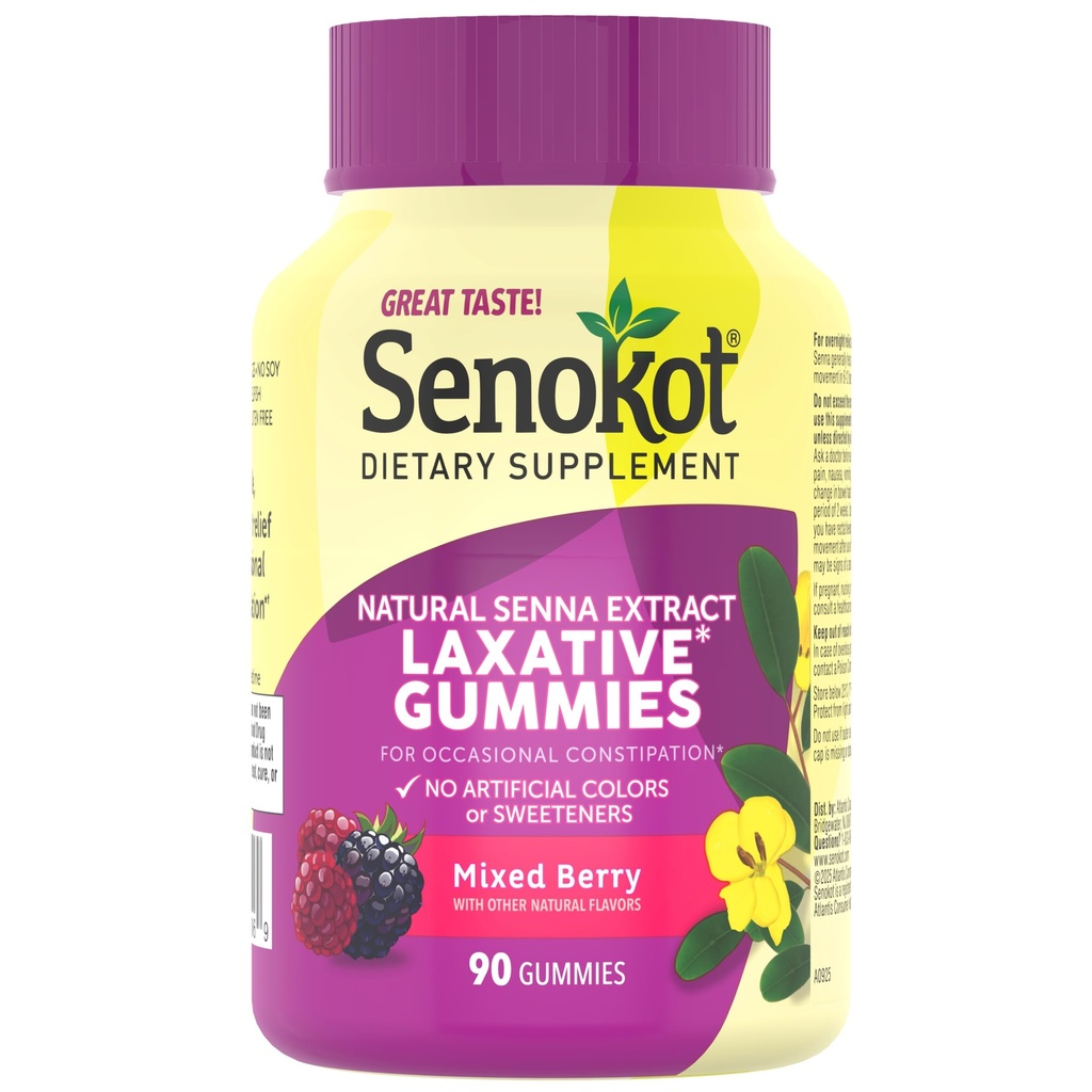 Suplement diety Senokot Gummies Laxative, Natural Senna Extract, Delikatny, Overnight Relief od sporadycznych zaparcia, Mieszany aromat jagodowy, 90 Count