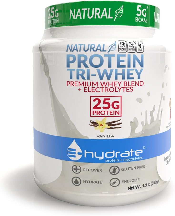E- wodzian trójserwatkowy proszek białkowy bez glutenu BCAA + hydrat elektrolitów, wanilia, 1,3lb Tub