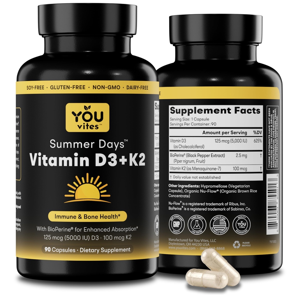 Witamina D3 + K2 - Max Wchłanianie, 5000 IU D3 & 100 μg K2 MK- 7 (Menaquinone- 7) z BioPerine - Kości, Serce i Wsparcie immunologiczne - Non-GMO, Gluten Free, Soy Free - 90 Kapsułki - Codzienne uzupełnienie