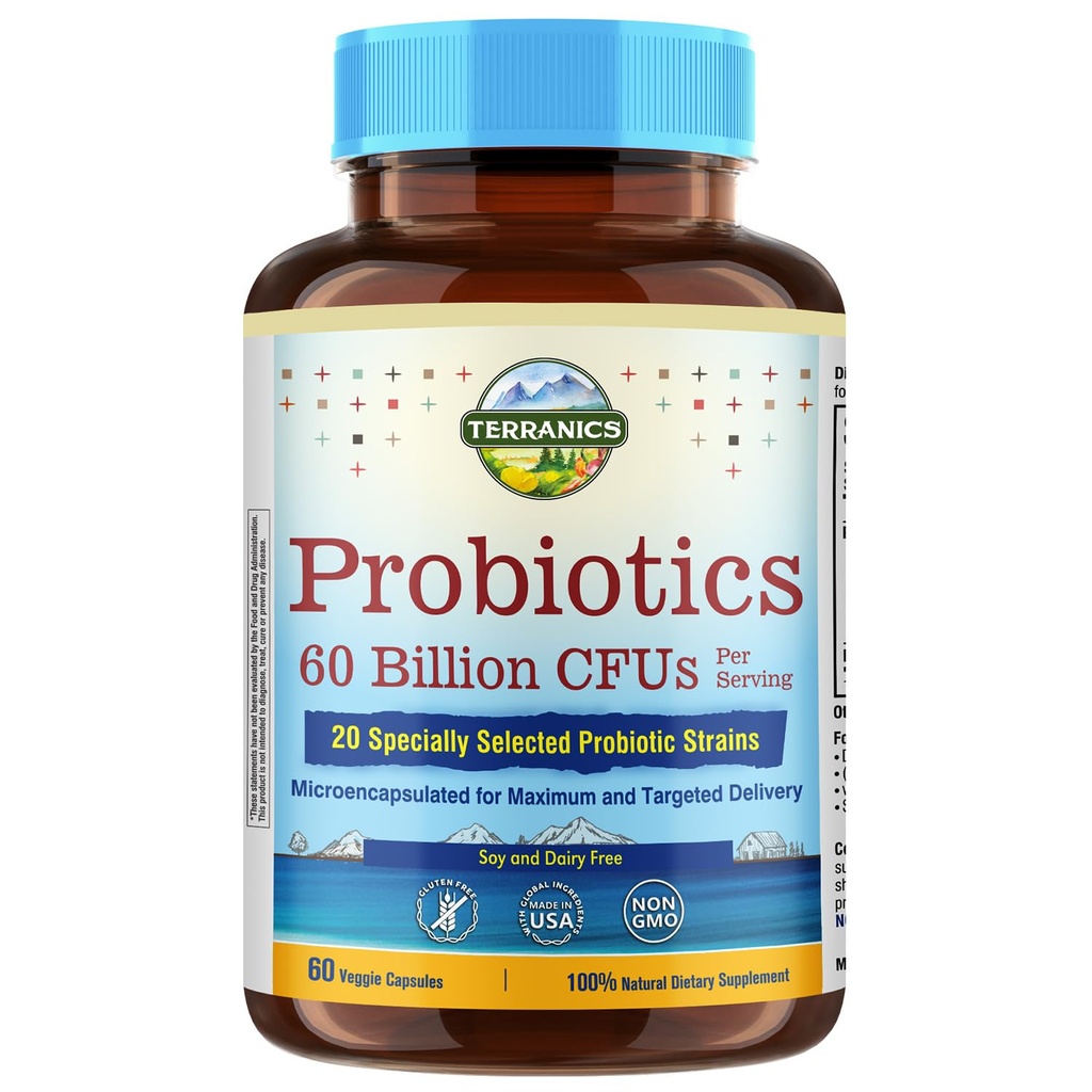 Probiotyki Terranics 60 Milion CFU, 20 Szczepów, 60 Kapsułek Veg, Prebiotyki i Probiotyki, Półka Stabilny suplement Probiotyczny dla mężczyzn i kobiet, Żywność i zdrowie immunologiczne, Non-GMO, NO Soy, Dairy & gluten