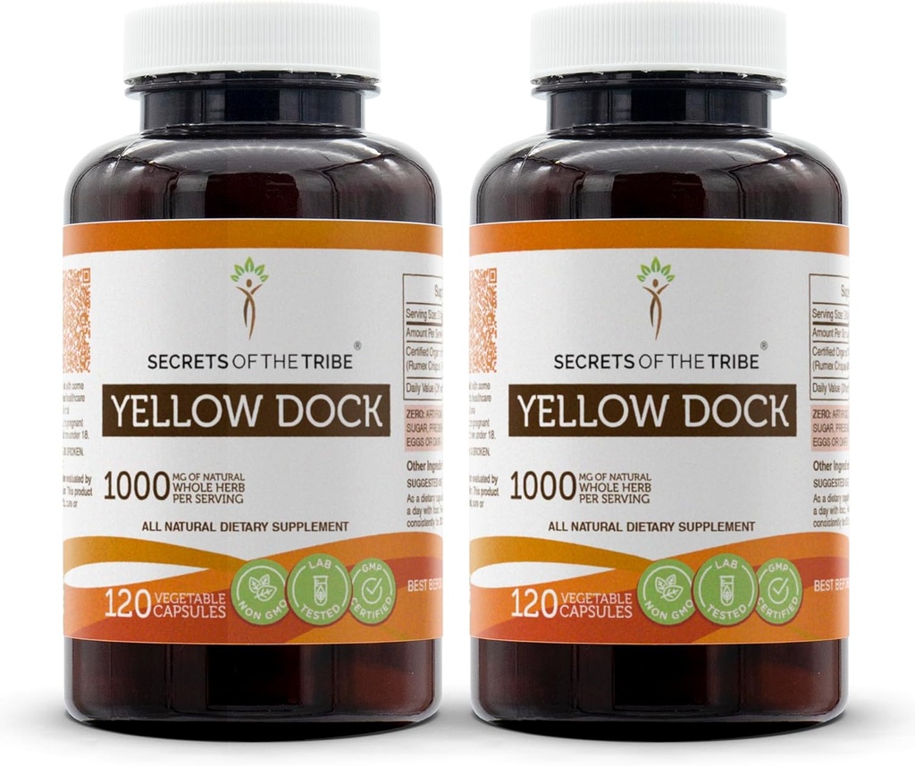Tajemnice plemion Żółty Dock 120 Kapsułki (2 szt.), 1000 mg, Żółty Dock (Rumex Crispus) Suszony Korzeń (2x120 Kapsułki)