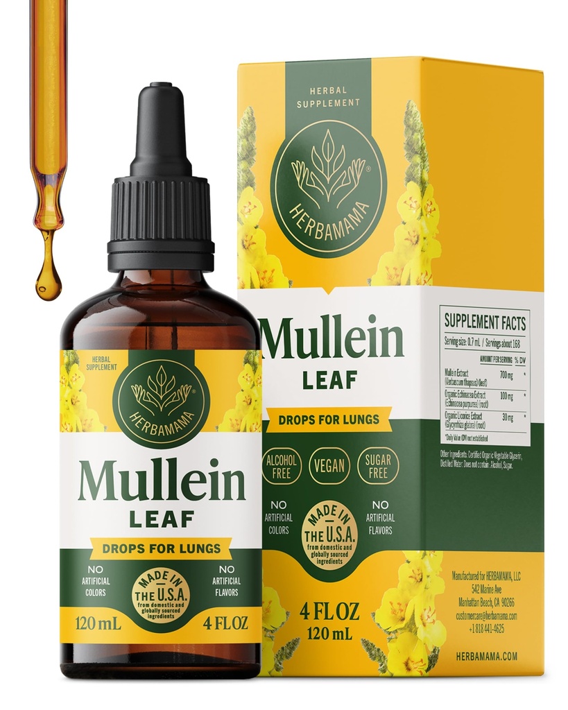 HERBAMAMA Mullein Drops for Lungs - Wegan Lung Cleanse with Mullein Leaf Extract, Echinacea Tincture & Licorice - Non-GMO, Alkohol & Cukier - Bezpłatne suplement do pomocy oddechowej - 56- Day Supply