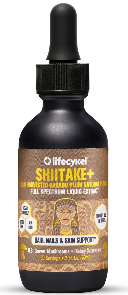 Lifecykel - Shiitake Mushroom Extract z Kakadu Włosy Plum, Skin & Nail Support, Anti Aging Supplement- 100% Organic Mushrooms, Immune Boosting, Witamina C Made in The US- 2 Fl oz (Packaging May Vary)