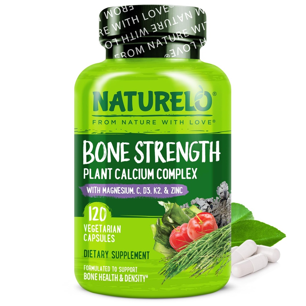 NATURELO Suplement wapnia - z witaminą C, Witamina D3, K2 i Cynk magnezowy wapnia dla kości Siła z wapnia 600mg - oparte na plancie, 120 Kapsułki wegetariańskie, Non-GMO, Soy & Gluten- Free