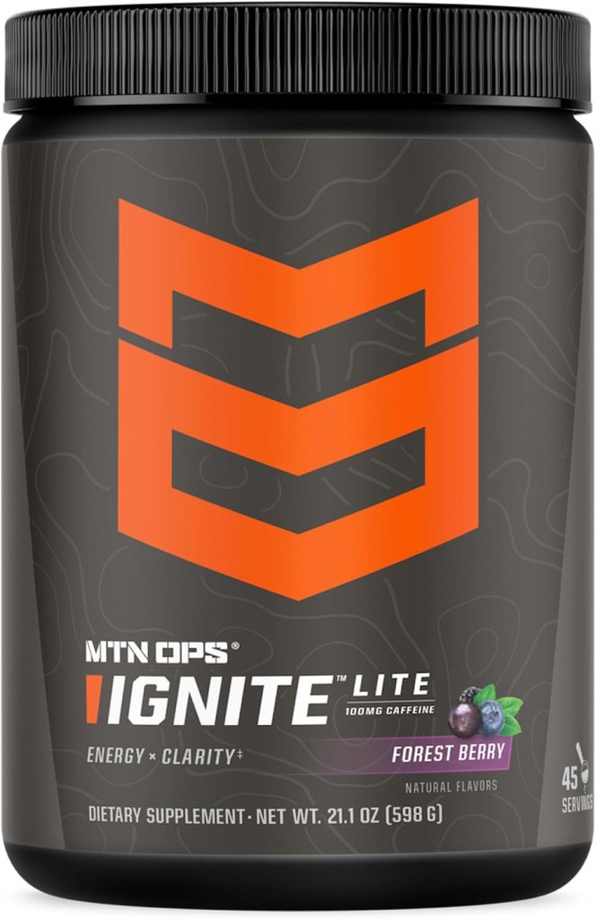 MTN OPS Ignite Lite Energy Drink Powder Gluten Free Nitric Oxide Supplement Drink Mix, L Arginine, L Citrulline, Caffeine & Nootropic Sugar Free Drink Mix, 45 Servings, Forest Berry