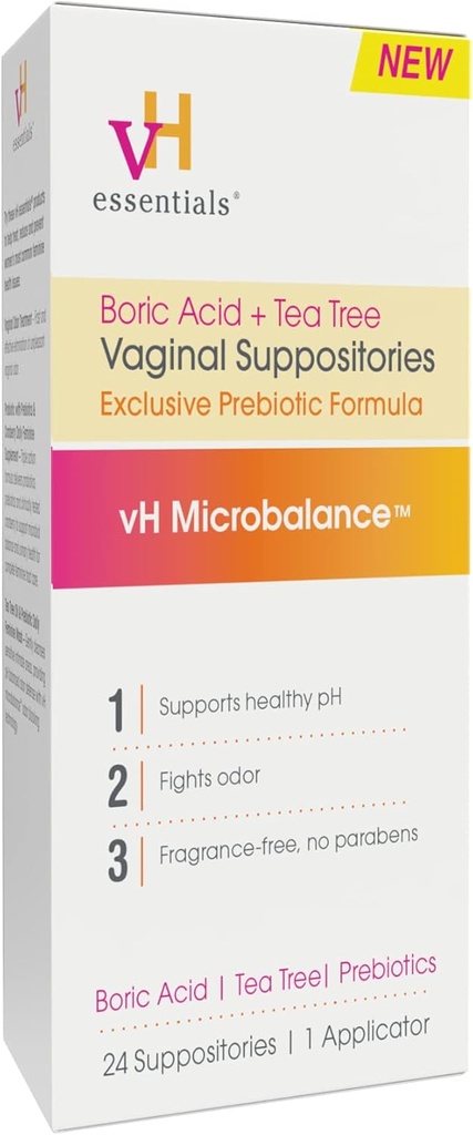 vH essentials Boric Acid and Tea Tree Vaginal Suppositories - Prebiotics Formula with Lactic Acid - PH Balance, Odor Control, Feminine Care - 24 Suppositories and Applicator, White, 2.4 Ounces