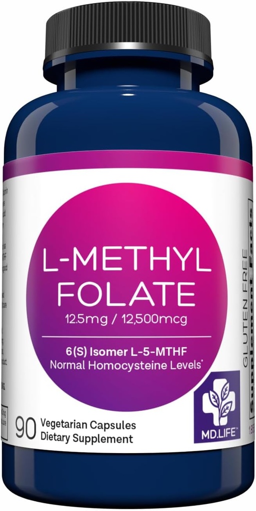 MD Life L Methylfolate 12,5 mg - Active Methylfolate Supplement - Maximum potency MTHFR Suplementy - L metylofolat 12,5 mg 90 Kapsułki - zasadnicze aminokwasy