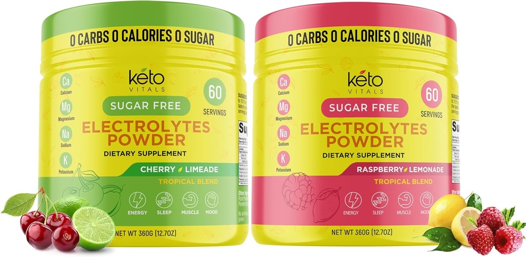 Keto Vitals Cherry Limeade Bundle z limonką malinową - 2 opakowania Bundle Keto Electrolytes Proszek - Electrolytes z potasu, magnezu, sodu, wapnia - Limeade wiśniowy i limonek malinowy