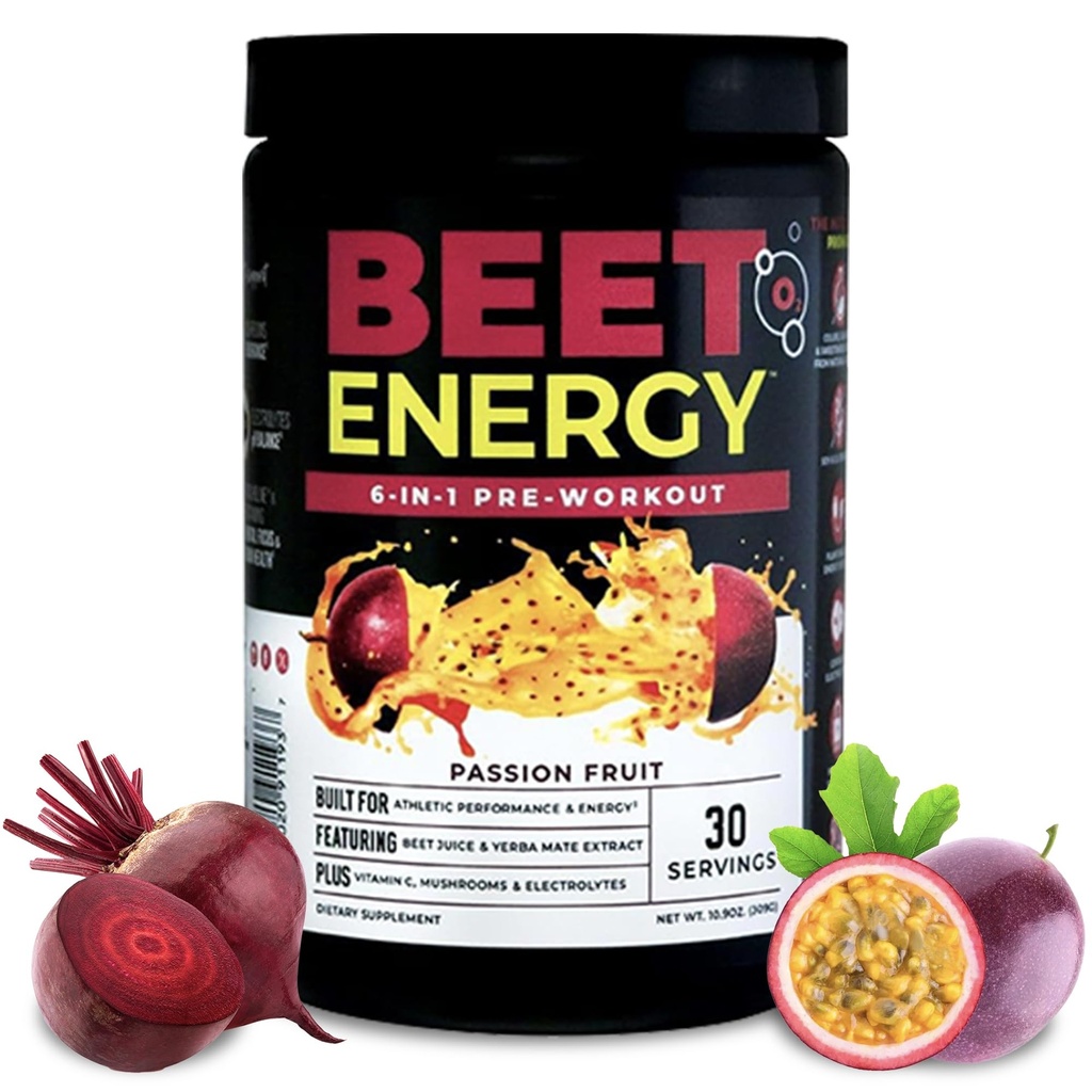 Nutrologia Beet Energy O2, Wstępny trening w proszku, Energia, Endurance & Nitric Oxide Booster z buraka w proszku, Yerba Mate, Adaptogens & Electrolytes, Vegan Pre Workout, Passion Fruit Flavor, 30 Służenia