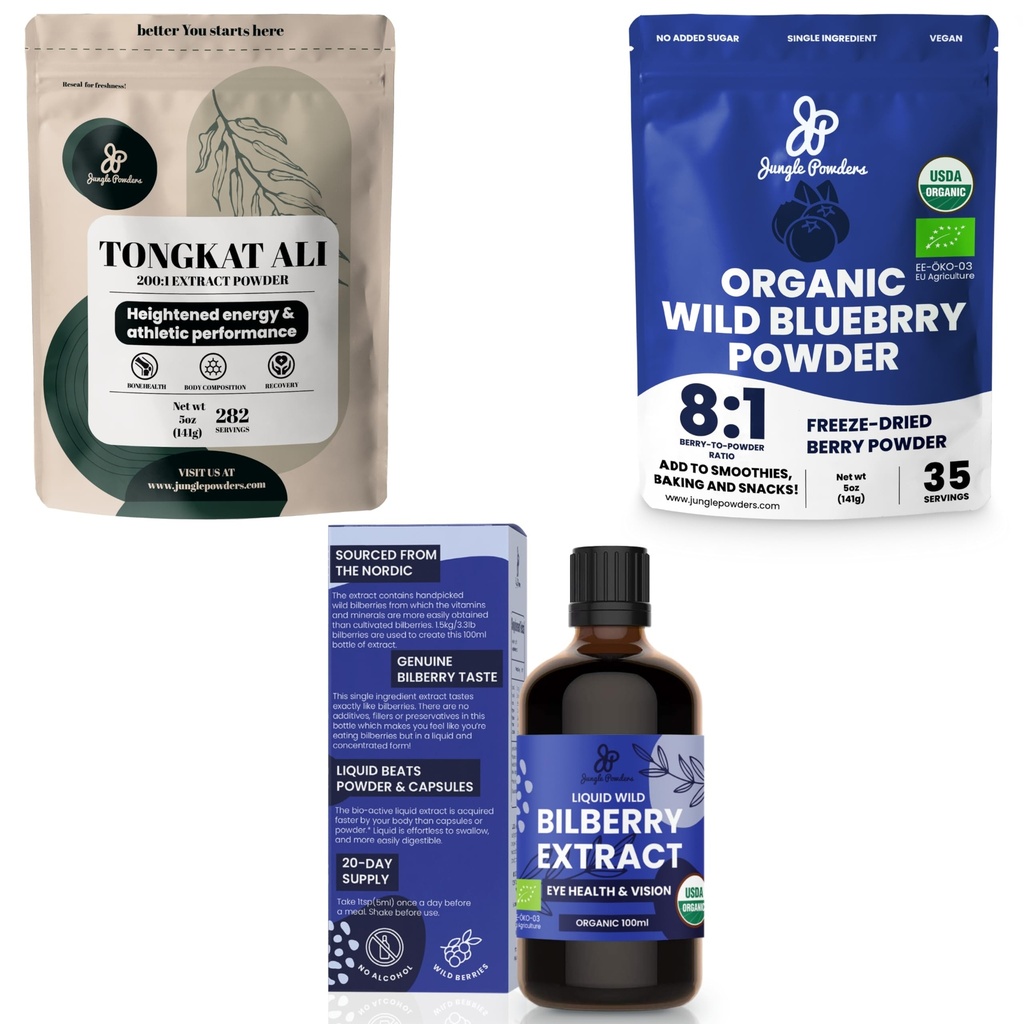 Jungle proszki Ultimate Men 's Health & Wellness Bundle: 5oz Tongkat Ali Powder, 5oz Wild Blueberry Powder & 3.4oz Organic Bilberry Liquid Extract - Premium Supplements for Drive, Passion, Eyesight