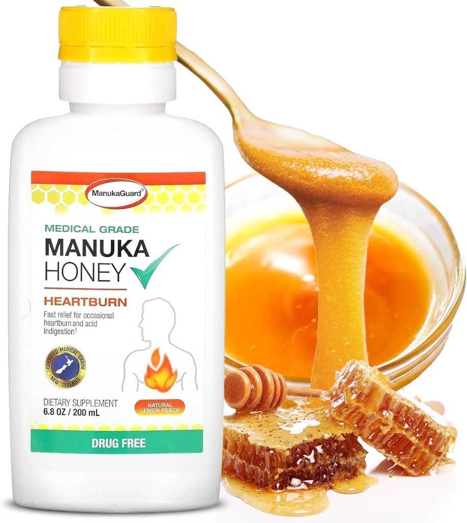 ManukaGuard Heartburn Nutralizer, Medical Grade Manuka Honey 6.8oz - Natychmiastowe oparzenie serca i niestrawność kwasu. Alternatywna alternatywa dla antybiotyków